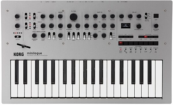 open zoom image for Korg Minilogue Analog Polyphonic Synthesizer, 37-Key, Silver, Top