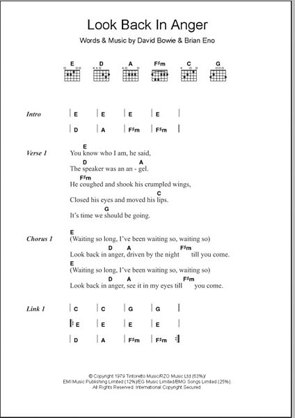 open zoom image for Look Back In Anger - Guitar Chords/Lyrics, New, Main