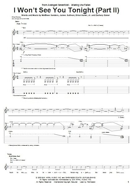 open zoom image for I Won't See You Tonight (Part II) - Guitar TAB, New, Main