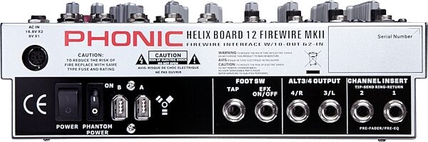 open zoom image for Phonic Helix12FW MkII 12-Channel Mixer with FireWire, Rear--Back HelixBoard 12 MKII