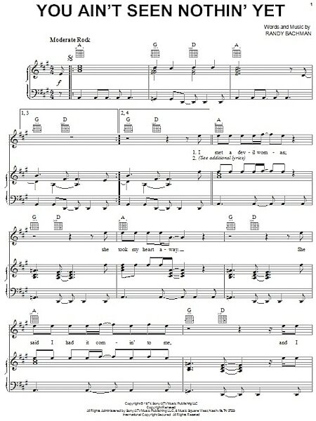 open zoom image for You Ain't Seen Nothin' Yet - Piano/Vocal/Guitar, New, Main