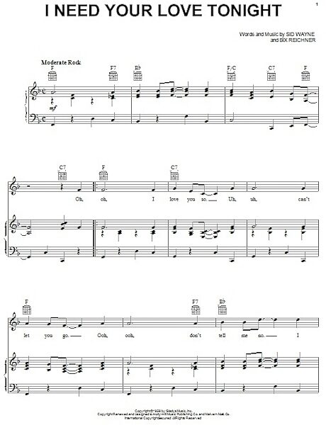 open zoom image for I Need Your Love Tonight - Piano/Vocal/Guitar, New, Main