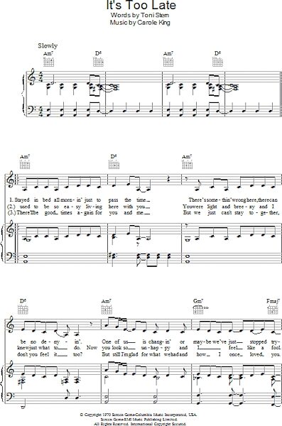open zoom image for It's Too Late - Piano/Vocal/Guitar, New, Main