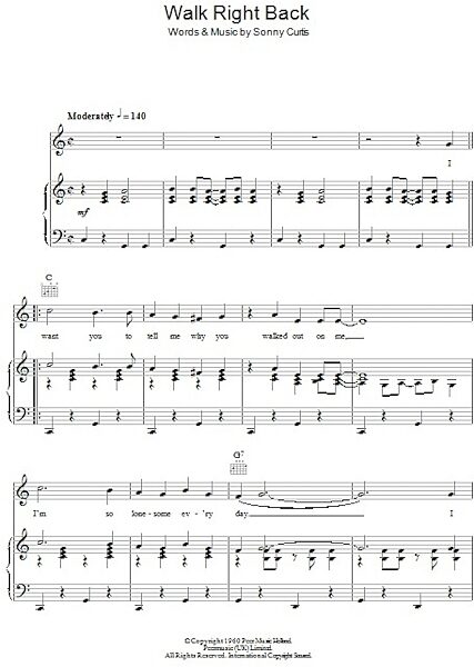 open zoom image for Walk Right Back - Piano/Vocal/Guitar, New, Main