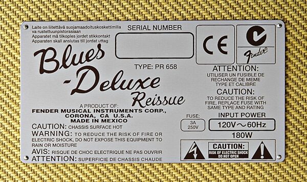open zoom image for Fender Blues Deluxe Reissue Guitar Combo Amplifier (40 Watts, 1x12"), New, Back