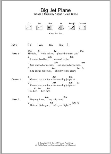 open zoom image for Big Jet Plane - Guitar Chords/Lyrics, New, Main