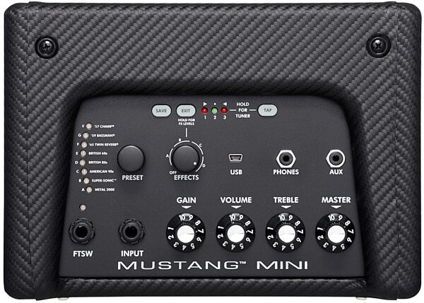 open zoom image for Fender Mustang Mini Guitar Combo Amplifier (7 Watts), Top