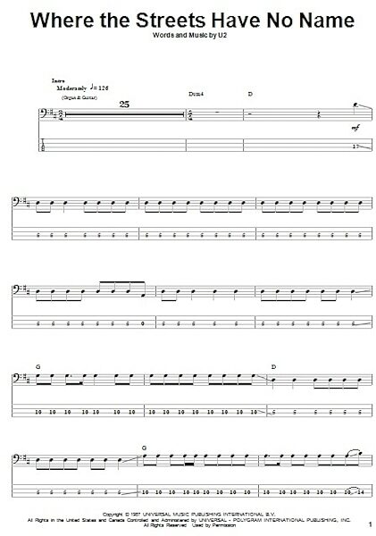 open zoom image for Where The Streets Have No Name - Bass Tab, New, Main