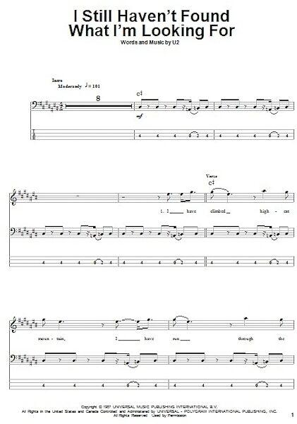 open zoom image for I Still Haven't Found What I'm Looking For - Bass Tab, New, Main