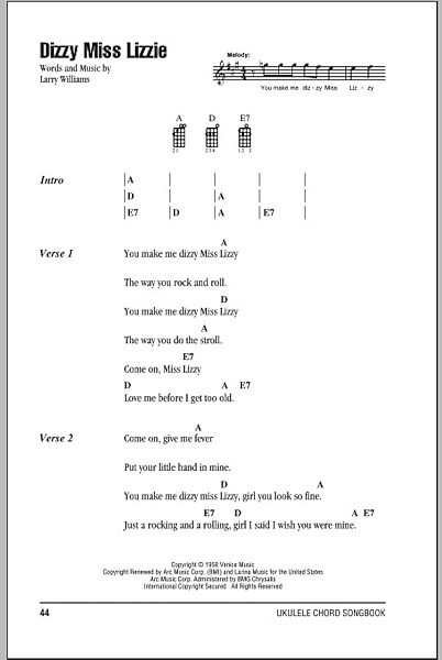 open zoom image for Dizzy Miss Lizzie - Ukulele Chords/Lyrics, New, Main