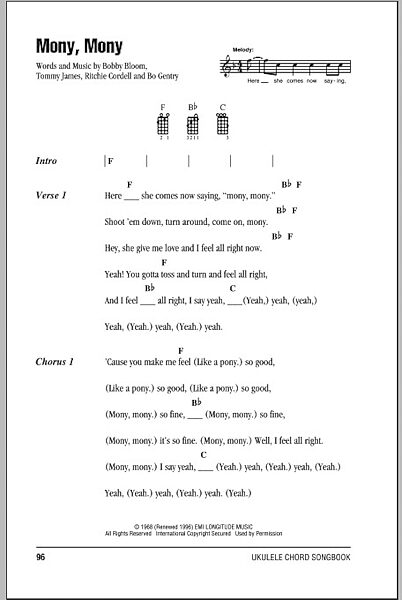 open zoom image for Mony, Mony - Ukulele Chords/Lyrics, New, Main