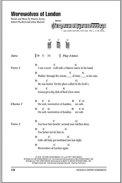 open zoom image for Werewolves Of London - Ukulele Chords/Lyrics, New, Main