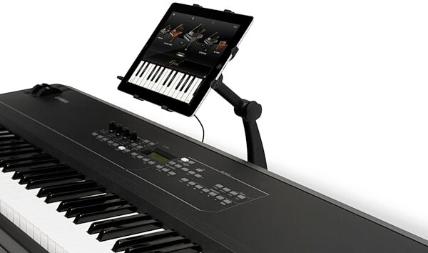 open zoom image for IK Multimedia iKlip Stand Adjustable iPad Desktop Stand, In Use - With Keyboard