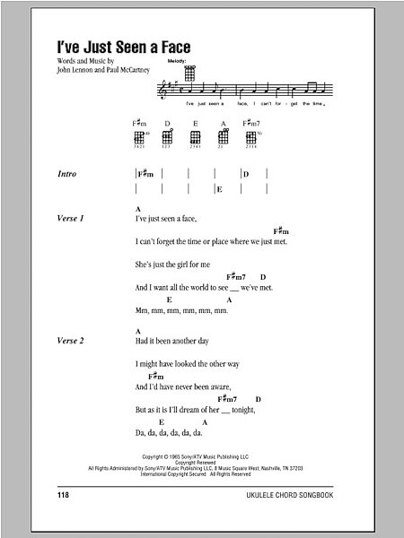 open zoom image for I've Just Seen A Face - Ukulele Chords/Lyrics, New, Main