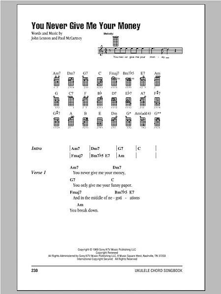 open zoom image for You Never Give Me Your Money - Ukulele Chords/Lyrics, New, Main