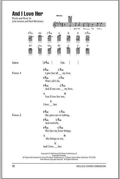 open zoom image for And I Love Her - Ukulele Chords/Lyrics, New, Main