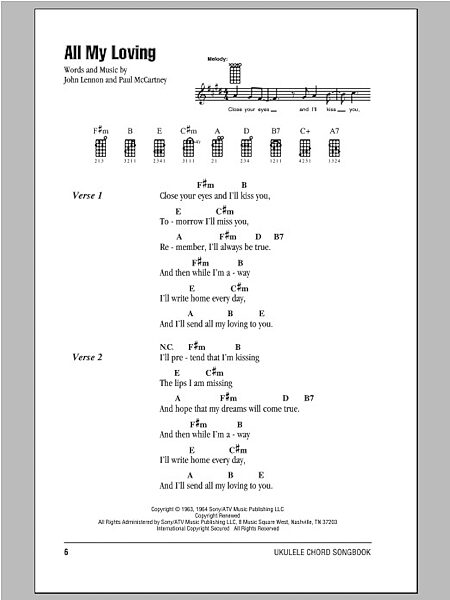 open zoom image for All My Loving - Ukulele Chords/Lyrics, New, Main
