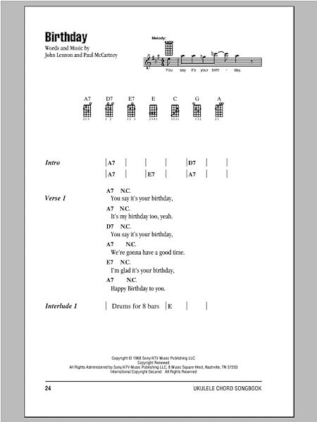 open zoom image for Birthday - Ukulele Chords/Lyrics, New, Main