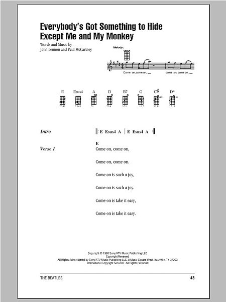 open zoom image for Everybody's Got Something To Hide Except Me And My Monkey - Ukulele Chords/Lyrics, New, Main