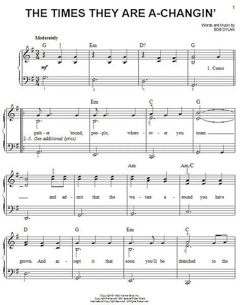 open zoom image for The Times They Are A-Changin' - Easy Piano, New, Main