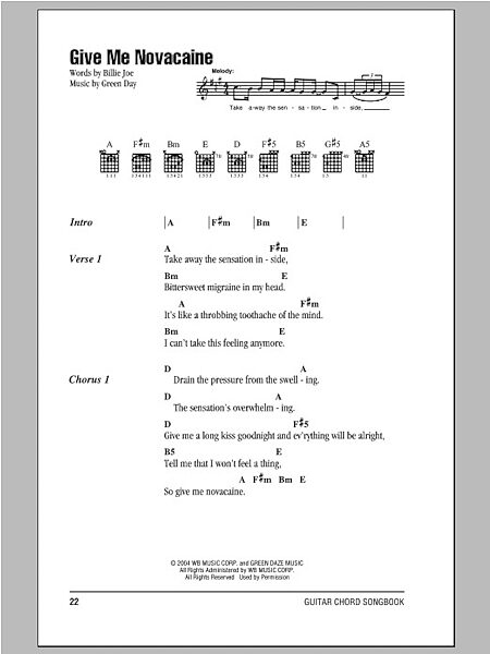 open zoom image for Give Me Novacaine - Guitar Chords/Lyrics, New, Main