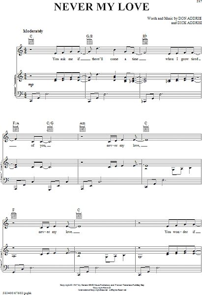 open zoom image for Never My Love - Piano/Vocal/Guitar, New, Main