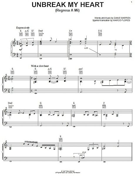 open zoom image for Un-break My Heart - Piano/Vocal/Guitar, New, Main