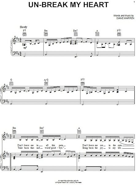 open zoom image for Un-break My Heart - Piano/Vocal/Guitar, New, Main