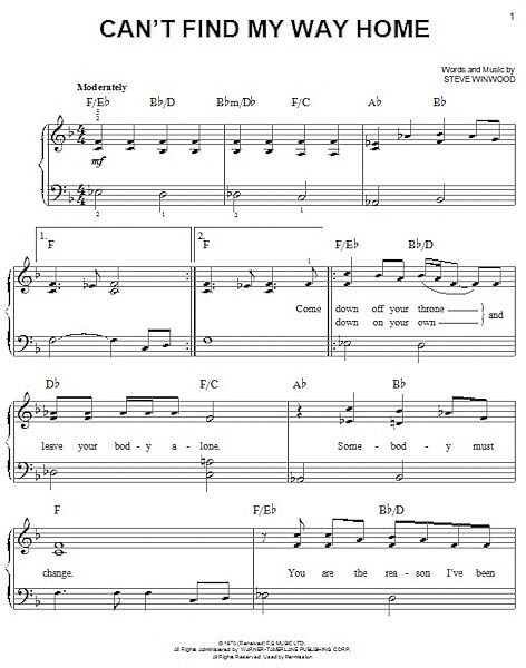 open zoom image for Can't Find My Way Home - Easy Piano, New, Main