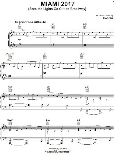 open zoom image for Miami 2017 (Seen The Lights Go Out On Broadway) - Piano/Vocal/Guitar, New, Main