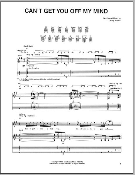 open zoom image for Can't Get You Off My Mind - Guitar TAB, New, Main
