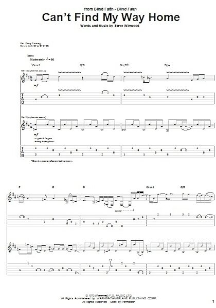 open zoom image for Can't Find My Way Home - Guitar TAB, New, Main