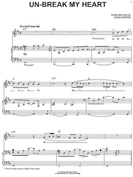 open zoom image for Un-break My Heart - Piano Vocal, New, Main