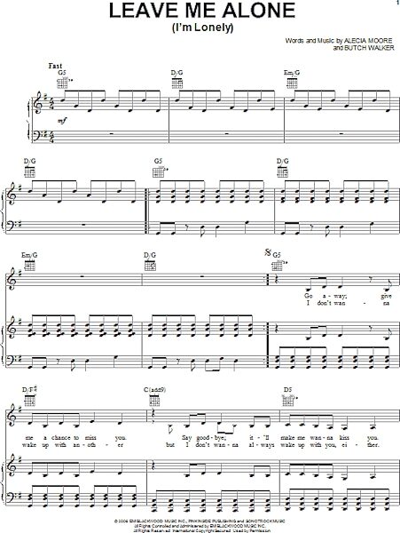 open zoom image for Leave Me Alone (I'm Lonely) - Piano/Vocal/Guitar, New, Main