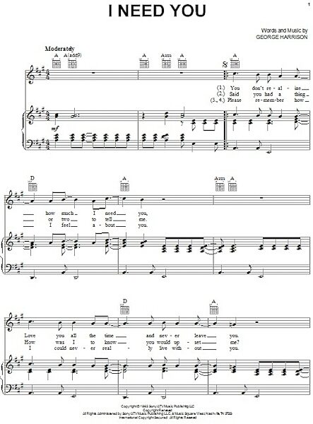 open zoom image for I Need You - Piano/Vocal/Guitar, New, Main