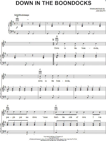 open zoom image for Down In The Boondocks - Piano/Vocal/Guitar, New, Main