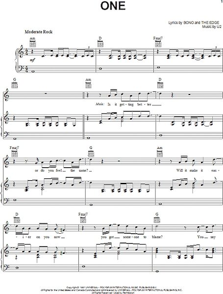 open zoom image for One - Piano/Vocal/Guitar, New, Main