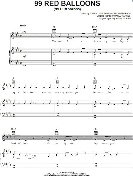 open zoom image for 99 Red Balloons (99 Luftballons) - Piano/Vocal/Guitar, New, Main
