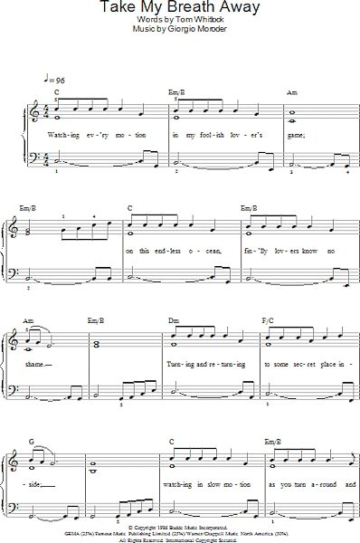 open zoom image for Take My Breath Away - Piano/Vocal/Guitar, New, Main