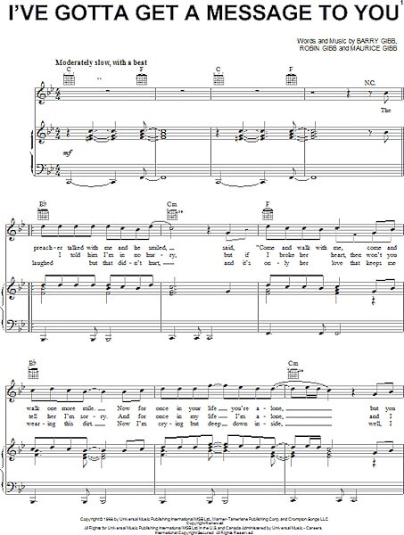 open zoom image for I've Gotta Get A Message To You - Piano/Vocal/Guitar, New, Main