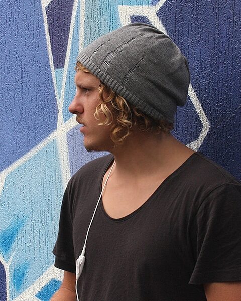 open zoom image for Aerial7 Sound Disk Beanie, Shredded Knit Grey Glamour View