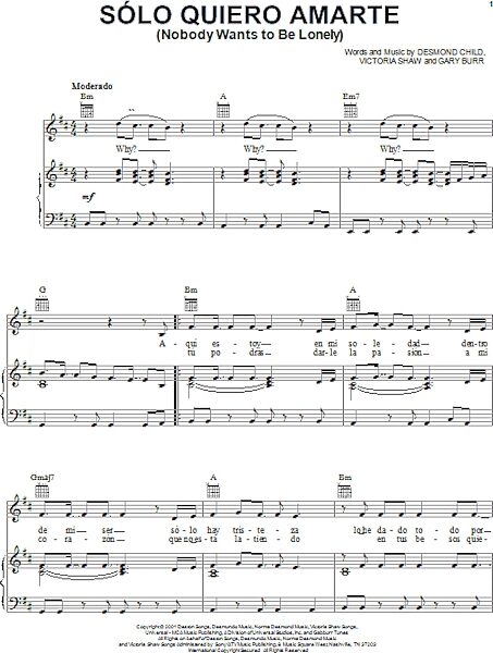open zoom image for Solo Quiero Amarte (Nobody Wants To Be Lonely) - Piano/Vocal/Guitar, New, Main