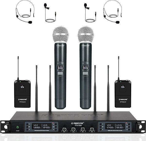 open zoom image for Phenyx Pro PTU-7000-2H2B 4-Channel UHF Wireless Handheld/Headset/Lavalier Combo Microphone System, New, Action Position Back