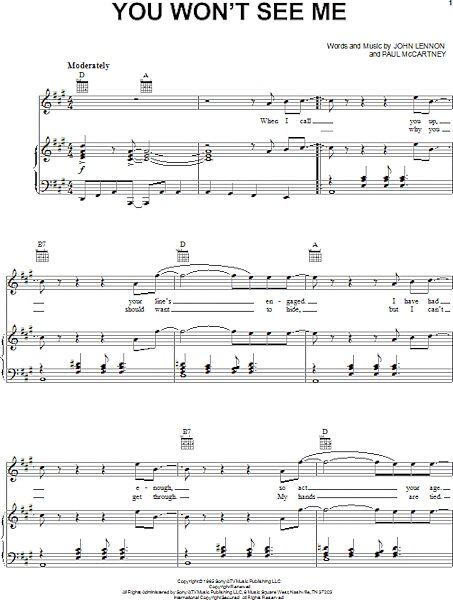 open zoom image for You Won't See Me - Piano/Vocal/Guitar, New, Main