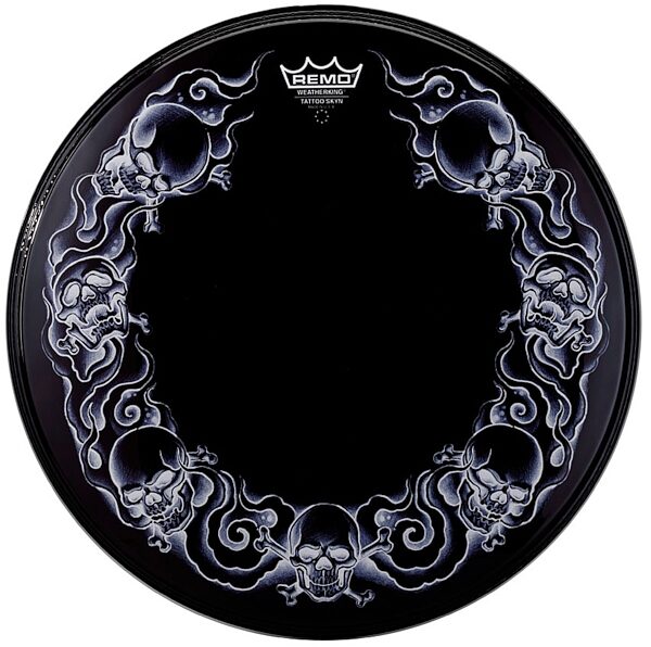 open zoom image for Remo Tattoo Skyns Powerstroke 3 Drum Head, Black Skull