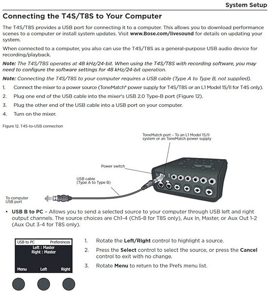 open zoom image for Bose T8S ToneMatch Compact 8-Channel Digital Mixer/USB Audio Interface, New, Connecting the T4S or T8S to Your Computer