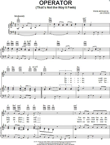 open zoom image for Operator (That's Not The Way It Feels) - Piano/Vocal/Guitar, New, Main