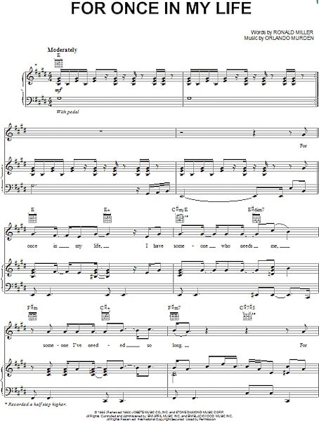 open zoom image for For Once In My Life - Piano/Vocal/Guitar, New, Main