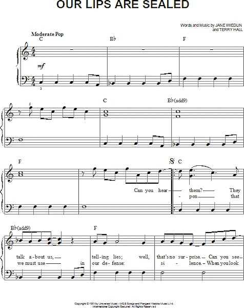 open zoom image for Our Lips Are Sealed - Easy Piano, New, Main