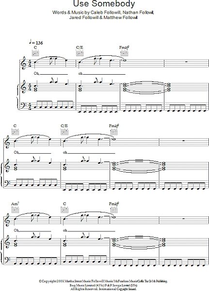 open zoom image for Use Somebody - Piano/Vocal/Guitar, New, Main